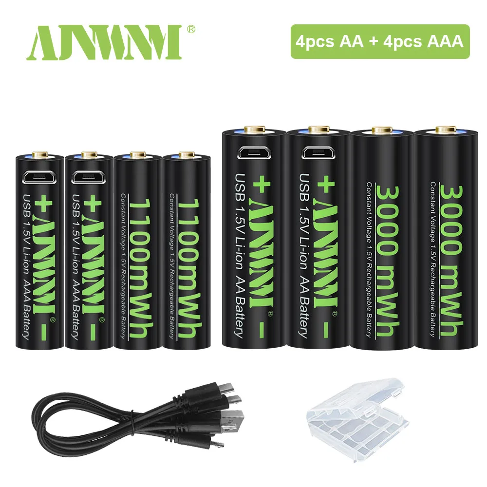 

AJNWNM 3000mWh 1.5V AA Rechargeable Batteries+1100mWh 1.5V AAA Battery Li-ion AA AAA Rechargeable Battery for Camera Toy+USB
