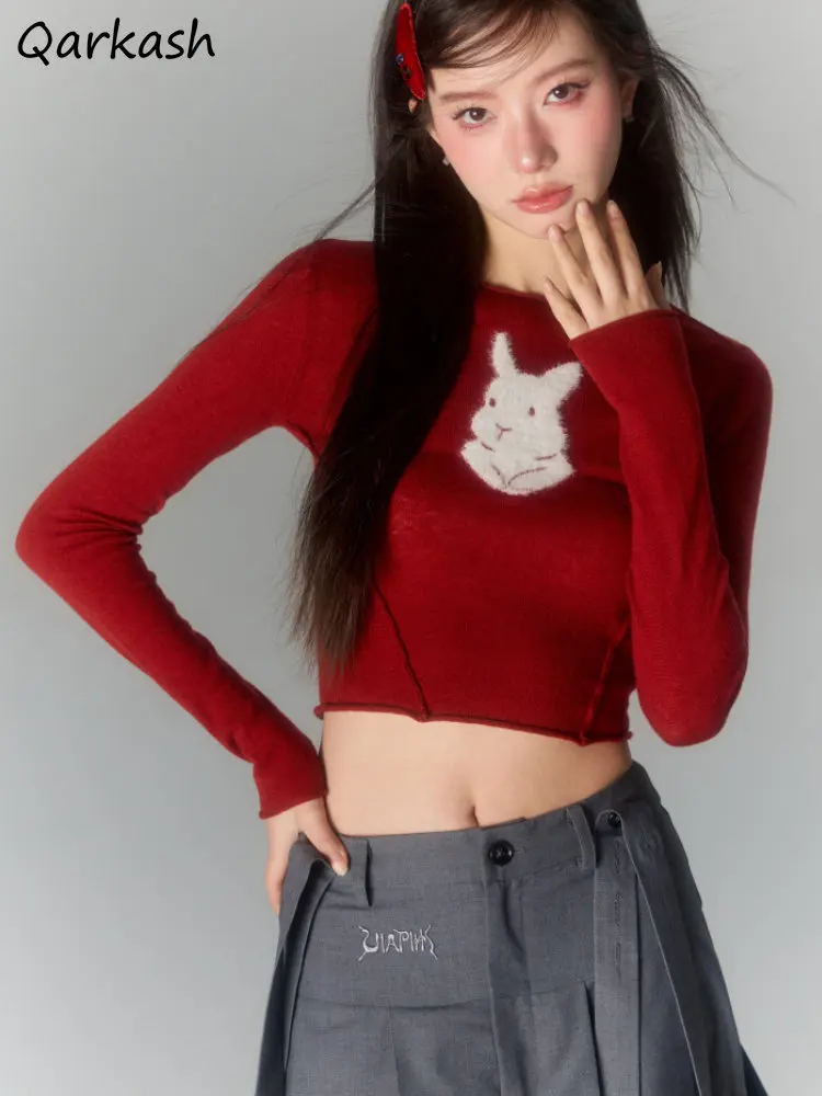 

Rabbits Long Sleeve T-shirts Women Embroidery Crop Tops Sweet Cute Korean Fashion Style Tees Elegant Stylish Y2k Clothes Slim