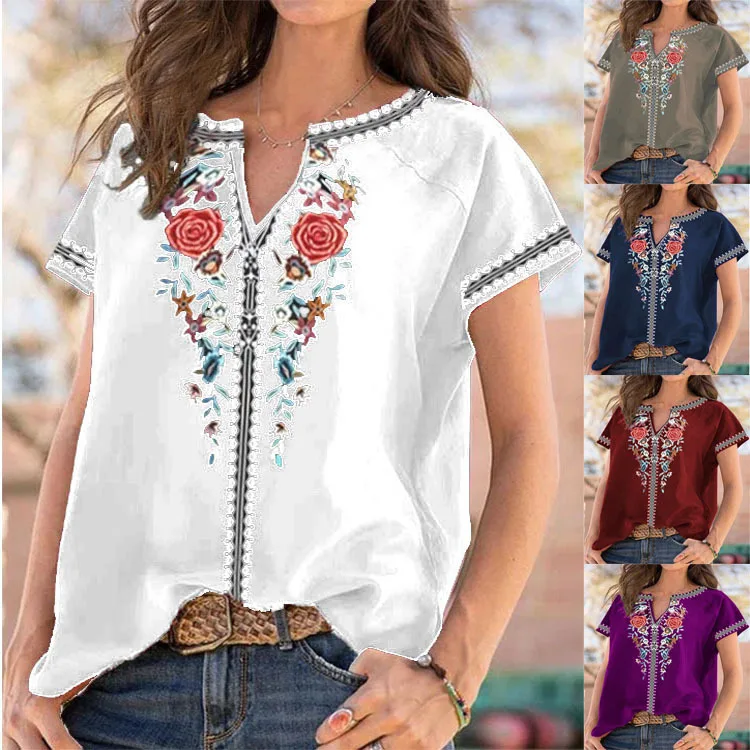 

fashion woman blouses 2022 summer new ethnic style printed short-sleeved t-shirt crop top cheap Female women