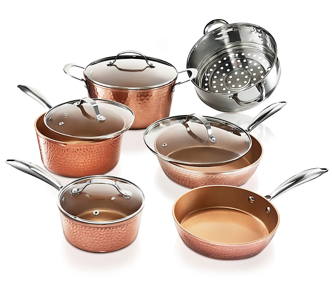 

Gotham Steel Hammered 10 Piece Cookware Set, Oven Safe, Dishwasher Safe - Elegant Pots & Pans