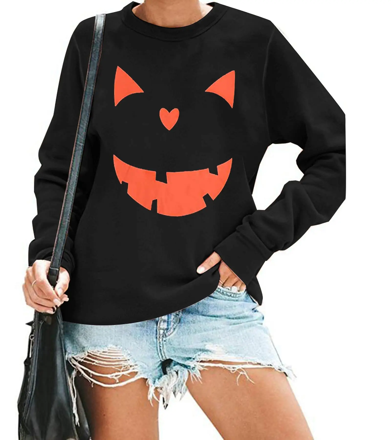 

Women's Halloween Pumpkin Face Long Sleeve Sweatshirt Lightweight Casual Pullover Top O-Neck Hoodies