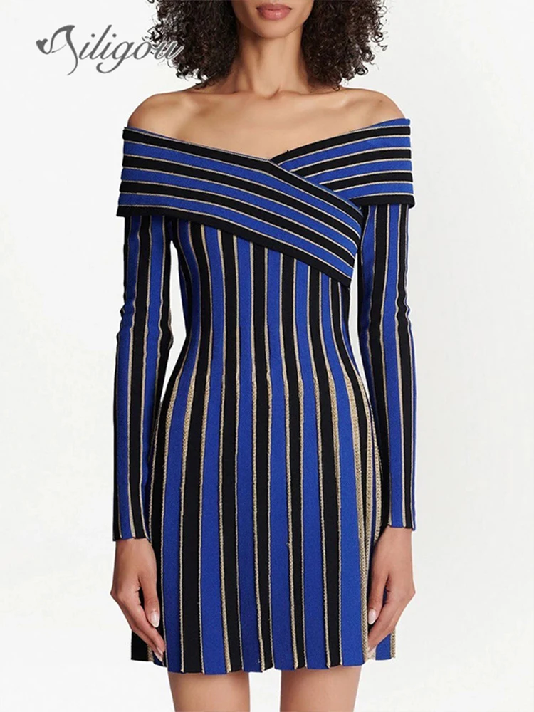 

Женское трикотажное мини-платье в полоску, элегантное облегающее плиссированное платье с открытыми плечами в стиле знаменитостей, Новинка лета 2023