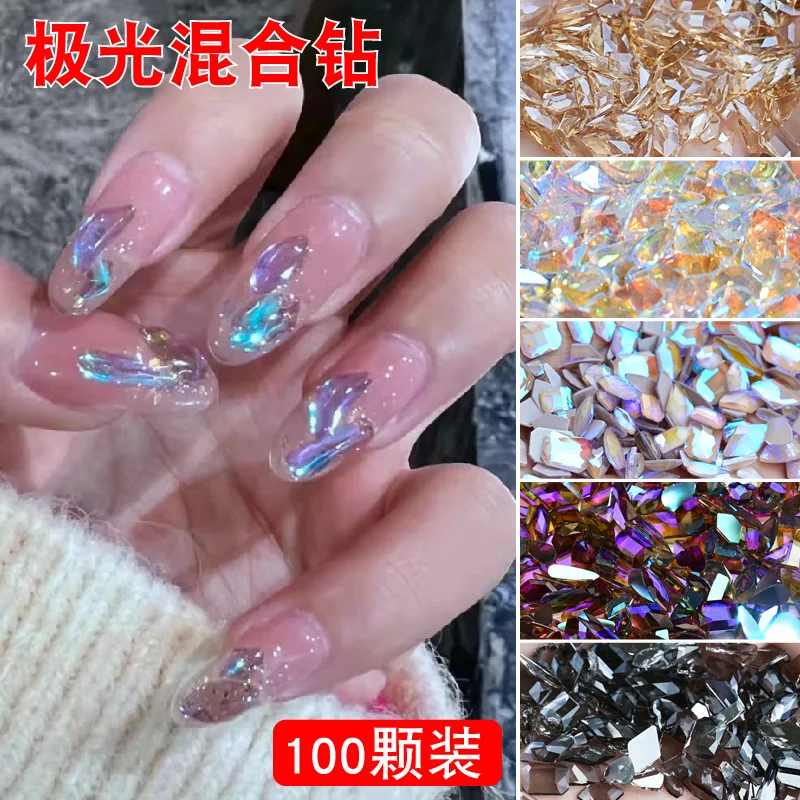 

100Pcs Mixed Design AB Aurora Nail Art Rhinestones Flatback Aurora Designer Nail Charms 3d Nail Art Gems For DIY Nail Art Craft