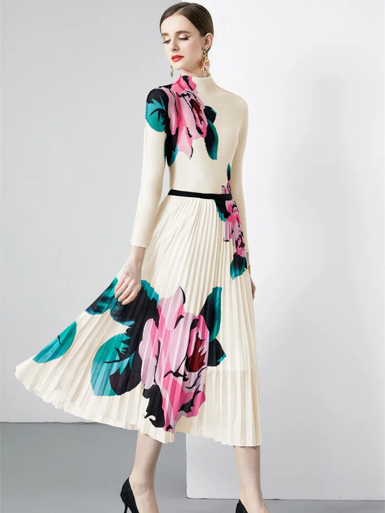 Miyake Модный дизайн Плиссированный комплект из двух предметов для женщин Осенняя