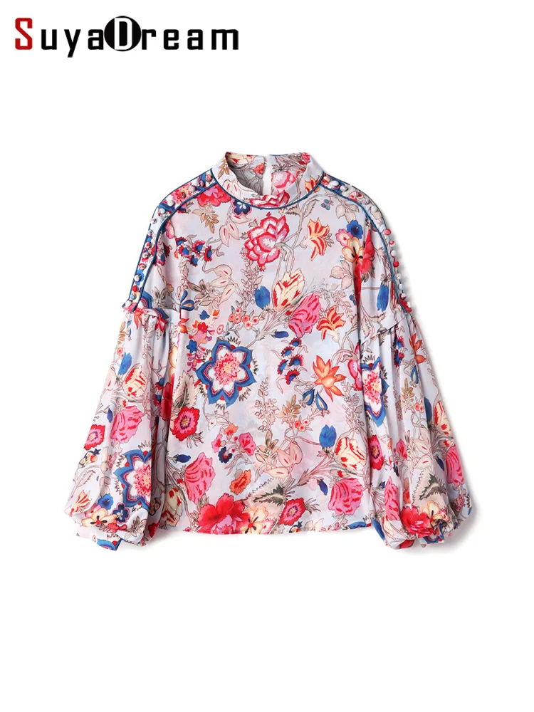 SuyaDream Woman Autumn Blouses 100%Real Silk Stand Collar Lantern Sleeves Floral Blouse Shirts 2021 Printed Top