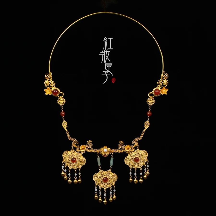 

Original Vintage Golden Lock Tassel Necklace Ancient Chinese Style Agate Necklet Traditional Hanfu cheongsam Wedding Accessories