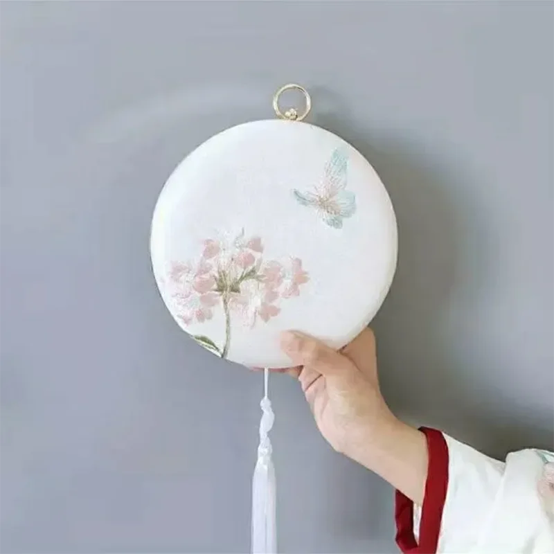 

Vintage Floral Embroidery Mini Round Women Bags Chinese Style Lady Clutch Handbags Chain Shouler Bags Purses Wedding Party Bags