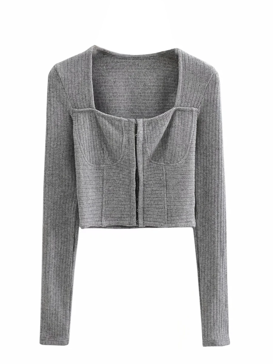 

Женский рваный облегающий кардиган, однотонный короткий топ с длинным рукавом и квадратным вырезом, с застежкой-пряжкой, весна-осень