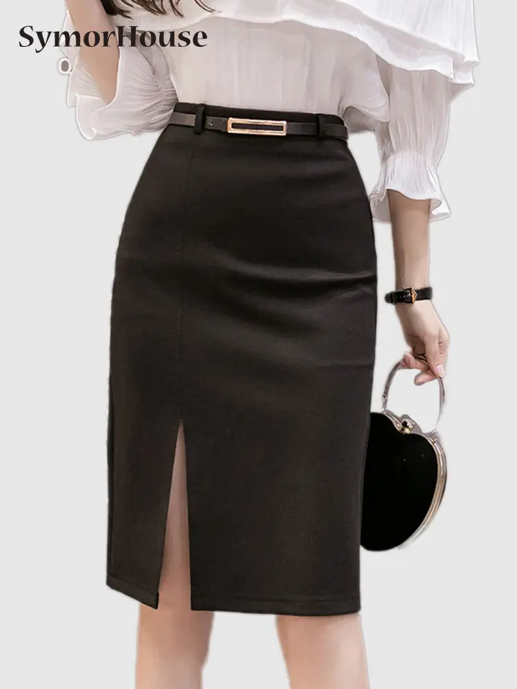 

2023 Summer Fashion Women Skirts Knee Length Split High Waist Office Lady Elegant Black Bodycon Pencil Skirts With Sashes Femme