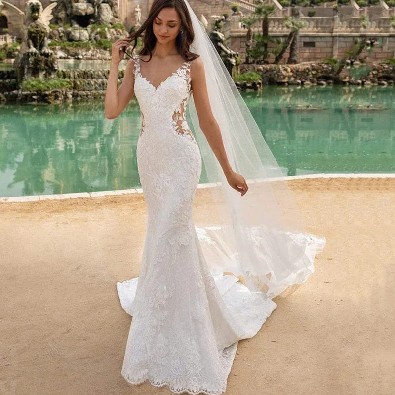 

Tulle Civil Mermaid Wedding Dress 2022 Sleeveless V-Neck Backless Sweep Bridal Gown Vestido de Novia