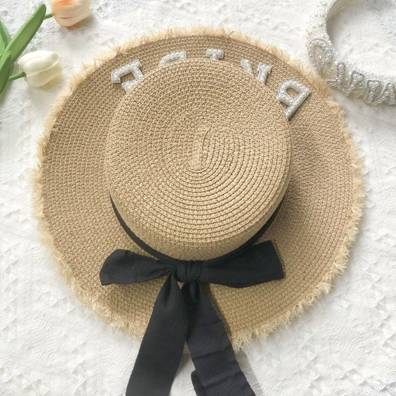 

Handmade Wedding Party Bride Hat with Pearl BRIDE/MRS Letter Decors Elegant Bridal Straw Weaving Rough Selvedge Drop Shipping