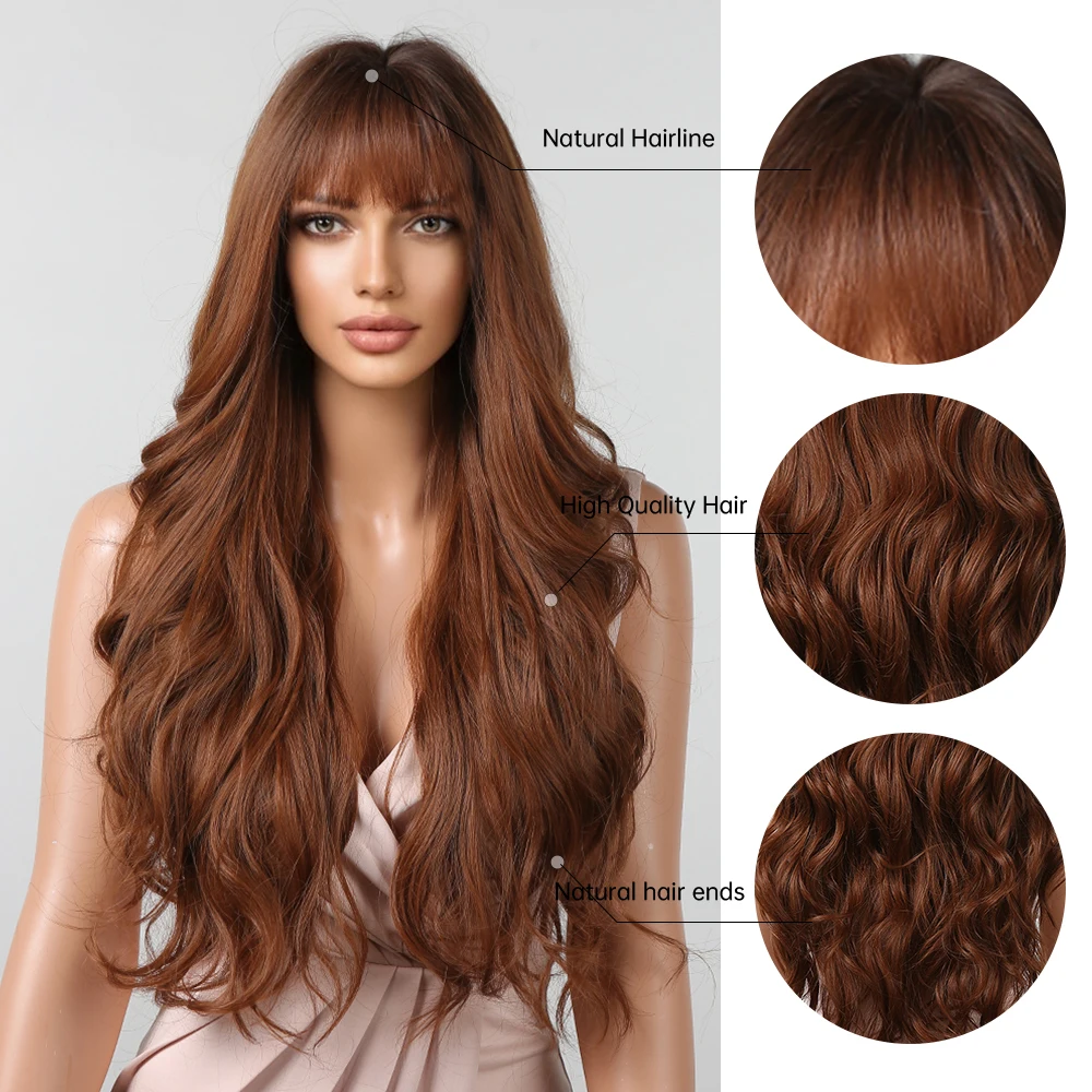 

HAIRCUBE Ombre Black to Brown Synthetic Wigs Long Wavy Wigs For Black Women Natural Hair With Bangs Cosplay Daily Fiber Wigs