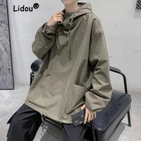 casual all match solid color pocket personality design hooded sweatshirts new classic tooling jacket loose asymmetrical top 2022