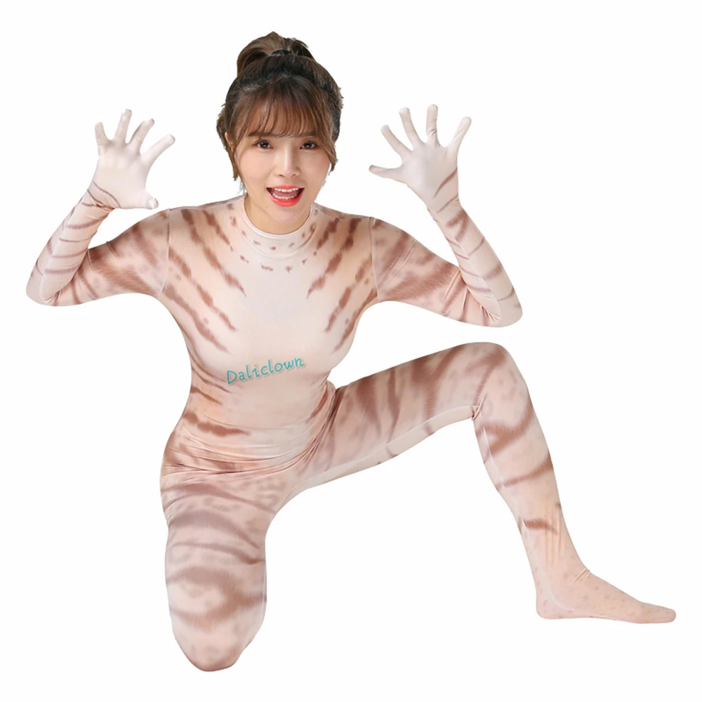 Sexy Aimal Print Bodysuit Women Cat Jumpsuit Catsuit With Gloves Rave Club Slim Bodycon Zentai Suit Halloween Cosplay Costume