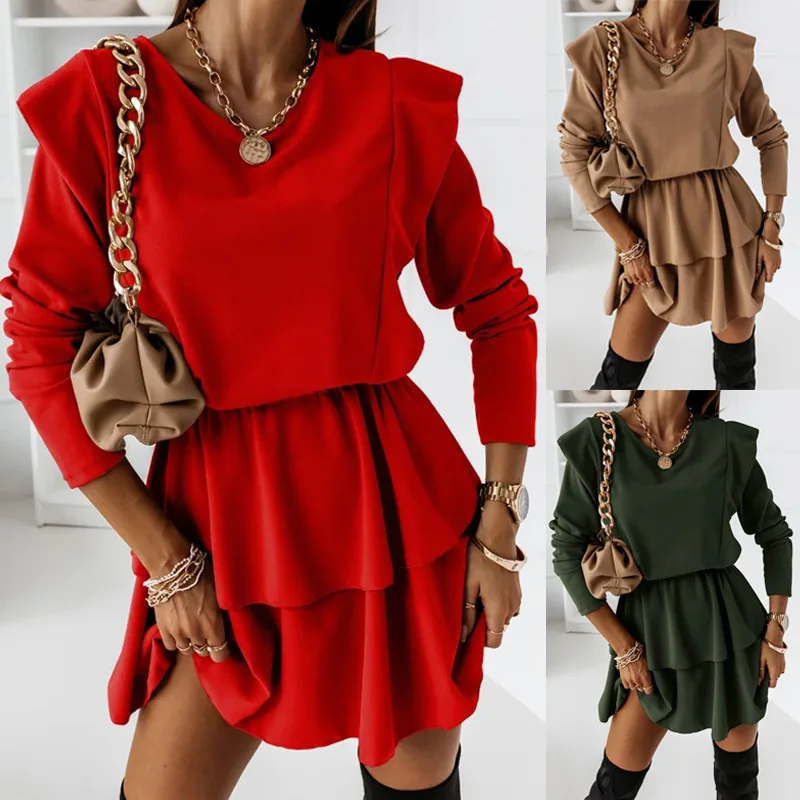

2022 New Women's Solid Color Eye-catching Pullover Street Temperament Casual Long-sleeved Round Neck Women's Dress