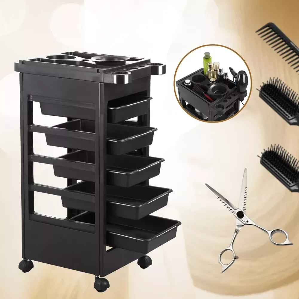 

Salon SPA beauty salon rolling trolley with 5 drawers hair dryer service tray tool storage cart black