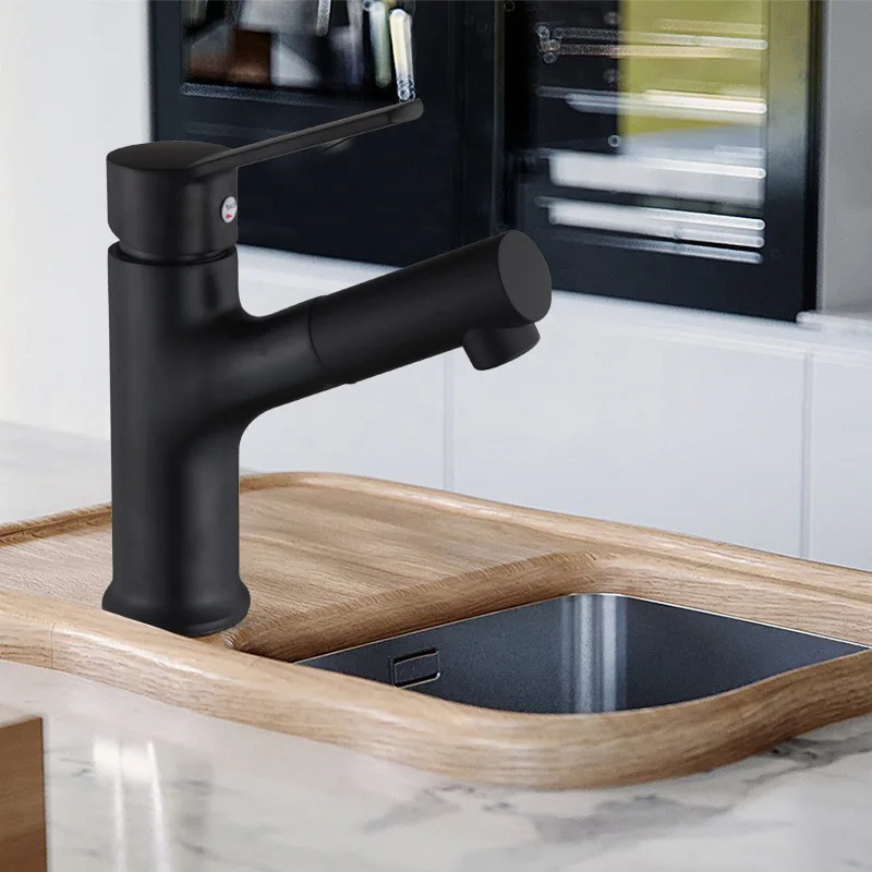 

Black stainless steel pull-out basin faucet bathroom basin cold and hot water pull-out double-out faucet can be rotated