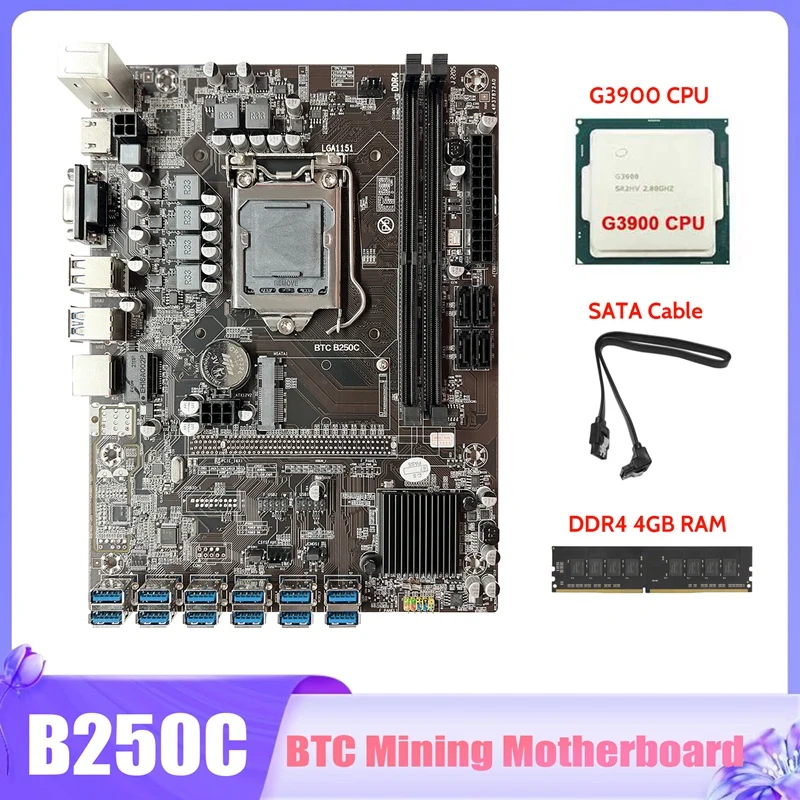 

B250C BTC Mining Motherboard+G3900 CPU+DDR4 4GB RAM+SATA Cable 12X PCIE To USB3.0 GPU Slot LGA1151 Miner Motherboard