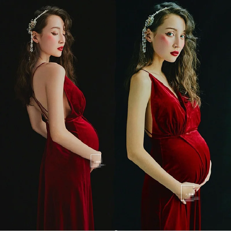 Pregnant Women Photography Props Red V-neck Suspender Backless Maternity Dress Sexy Elegant Pregnancy Split Dress Clothes