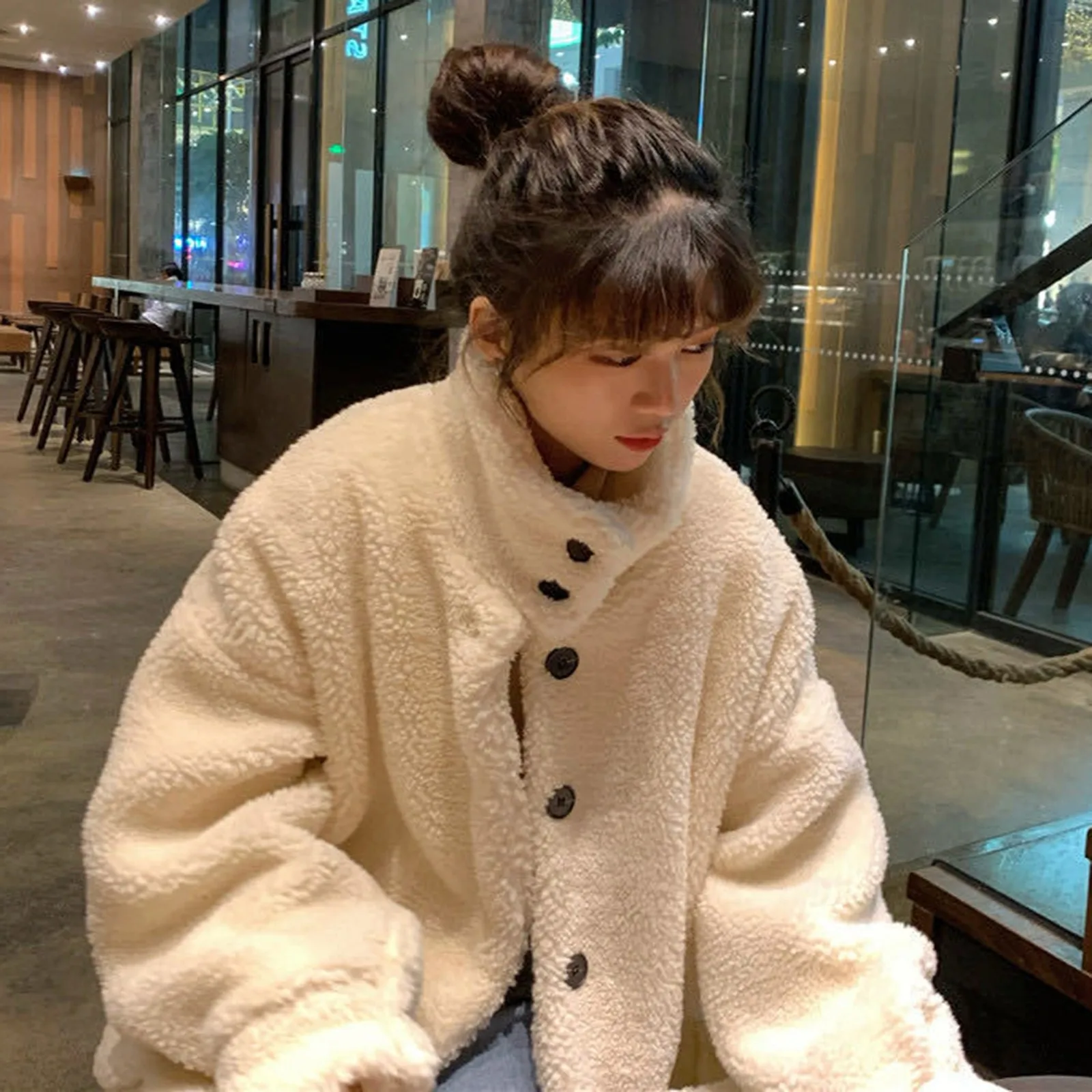 

Winter Fleece Fluffy Jacket Women Harajuku Solid Thick Warm Fuzzy Plush Zipper Reversible Parka Jackets Coat Outwear Hoodies