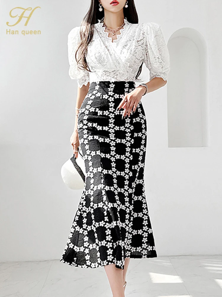 

H Han Queen 2023 Summer New 2-Piece Set Sexy V-Neck Lace Tops +Fashion Printed Mermaid Skirt Casual Office Women Suits Skirts