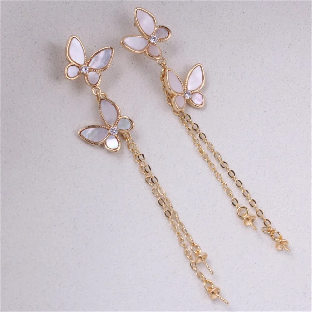 Copper-plated 18K Gold Butterfly Shell Tassel Long Pearl Empty Earrings DIY Temperament S925 Silver Needle Accessories Female