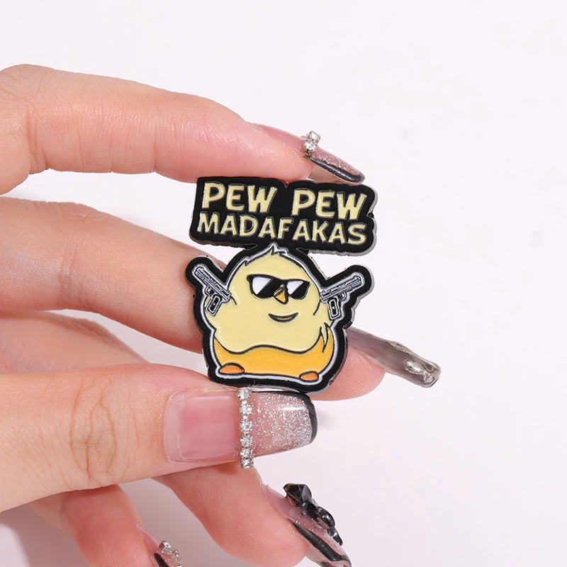 PEW MADAFAKAS! Enamel Pins Cool Chicken Cat Killer With Guns Metal Brooches Lapel Hat Badges Funny Jewelry Gift for Friends
