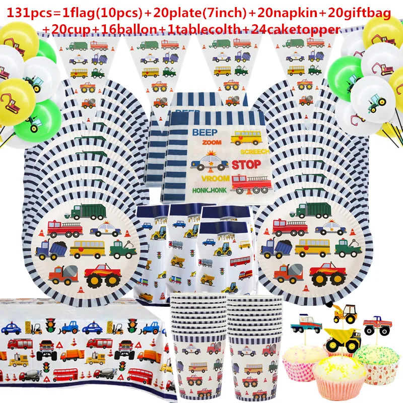 

Construction Trucks Engineering Car Party Disposable Tableware Set Plate Straw Birthday Party ballon Decorations Kids Cake Decor