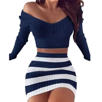 sexy women suits skirt 2 piece set crop top striped off shoulder outfit slim v neck party mini dress bodycon female clothes