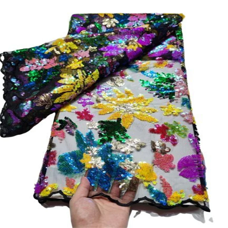 

Multicolor Hot Sale African Lace Fabric High Quality Sequins Nigeria French Tulle Mesh Lace Fabric for Bridal Materials Sew