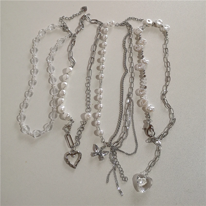 

2022 Goth Vintage Harajuku Butterfly Heart Pendant Pearl Tassel Choker Clavicle Chain Necklace For Women Egirl Y2K Jewelry Gifts
