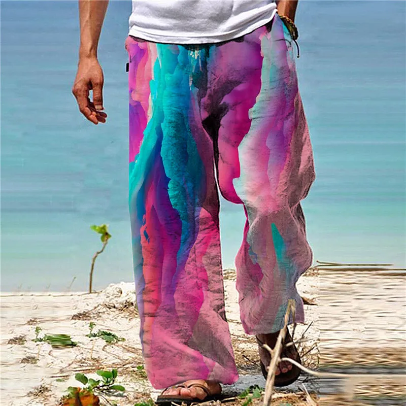 

2023 New Trendy Beach Seaside Retro Small Print Super Personalized Handsome Wide Leg Pants