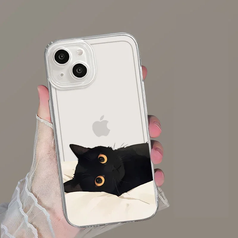 Funny Black Cat Couple Transparent Phone Case For iPhone 16 15 14 11 12 13 Pro Max Plus Mini X XR 7 8 SE Clear Cover Fundas Skin