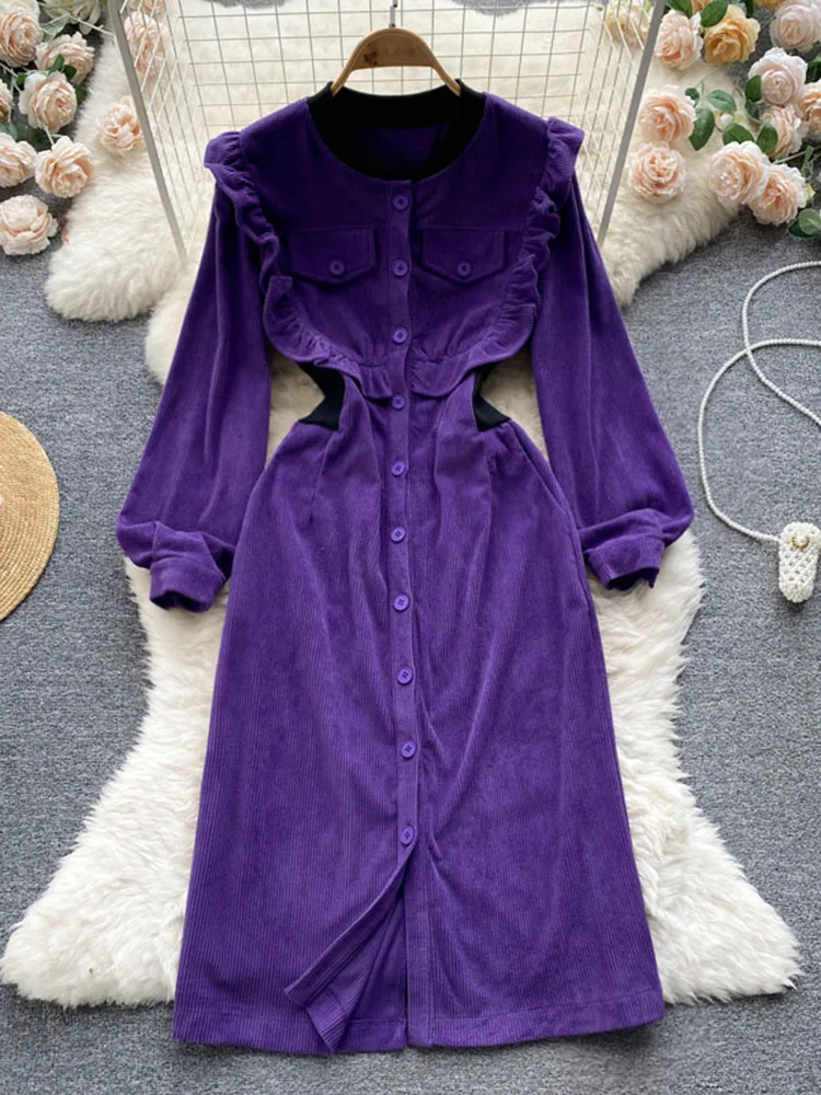 

Осенне-зимнее женское платье Auricularia с оборками, приталенное вельветовое платье средней длины с длинным рукавом D2246