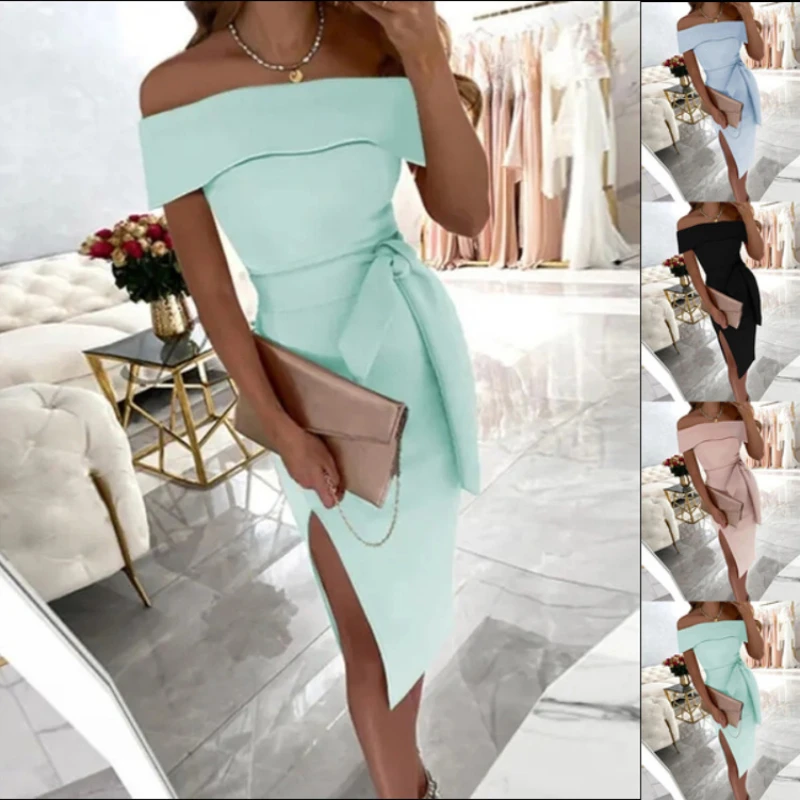 

Новинка лета 2022, женское однотонное платье с воротником «одно слово» и открытыми плечами, на шнуровке, сексуальное женское платье с разрезо...