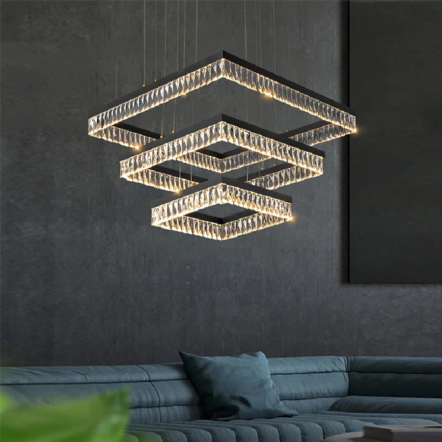 

Round Square Post Modern Dimmable LED Luxury Pendant Light Black Modern Suspension Crystal Hanging Lamp Home Decor Light Fixture