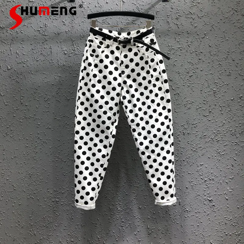 

Polka Dot Print All-Match Denim Trousers Female European Goods 2023 Spring New Loose Slimming High Waist Ankle-Tied Harem Pants