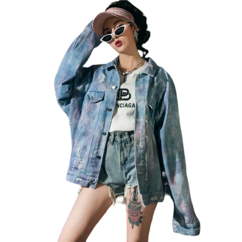 2022 Autumn New Coat  For Women China Chic Hip Hop Obsolescence Destruction Fashion Laser Rendering Denim Jacket Free Shipping