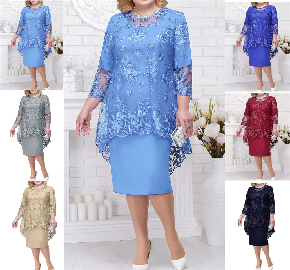 Купи Women Vintage Plus Size Mother Dresses New Crew High-Waist Elegant Embroidery Lace 3/4 Sleeve Midi Dress Female Clothing 5XL за 1,008 рублей в магазине AliExpress