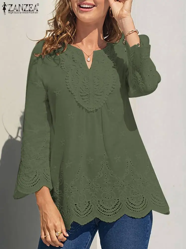 

Bohemian Tunic Tops Holiday Oversize Blouse Women's Lace Crochet Shirt ZANZEA Elegant Solid V Neck Work Blusas Female Chemise