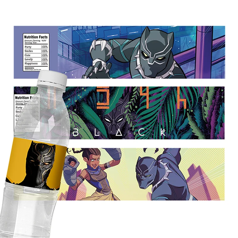 6pcs Cartoon Black Panther Theme Water Bottle Stickers Kids Birthday Party Decor Supplies Baby Shower Water Bottle Labels Wraps