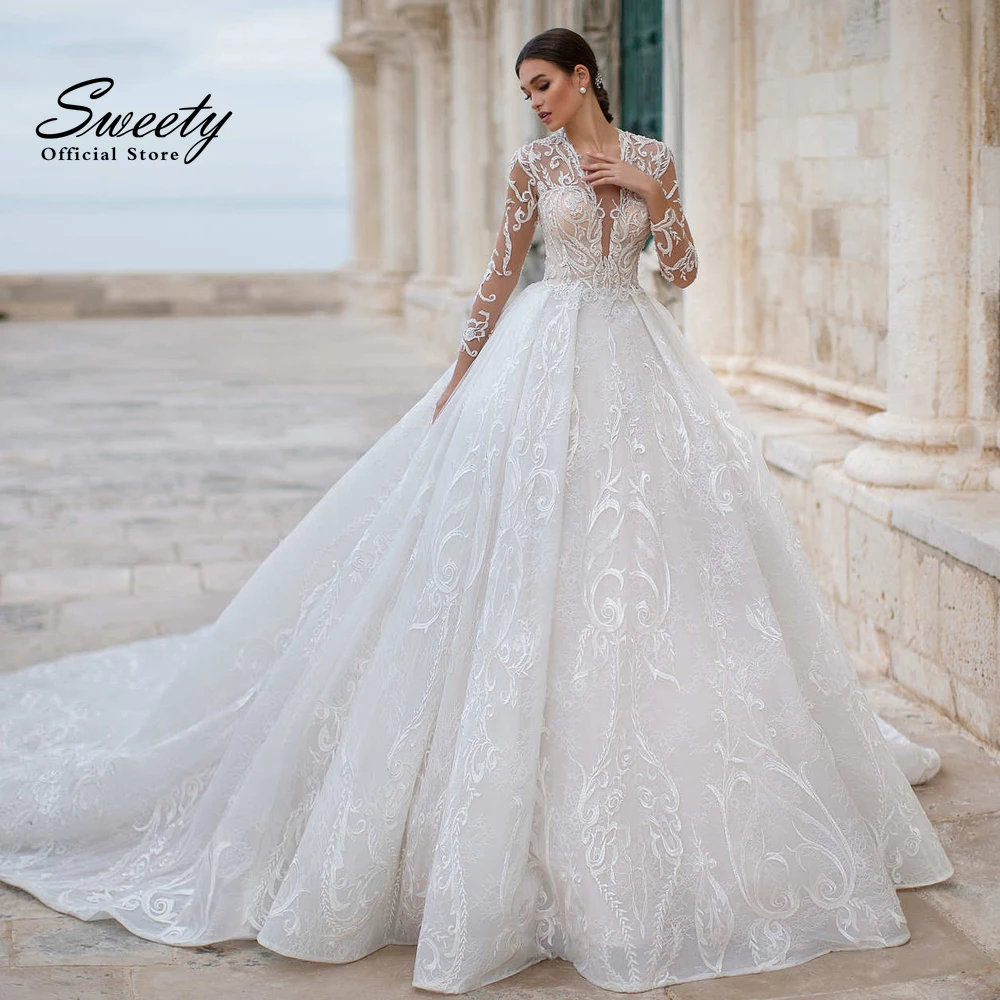 Luxury Wedding Dress Embroidered Lace On Net With Ball Gown Train V-Neck Full Sleeve ​Bridal Gown Button Lace Up Robes De Mariée