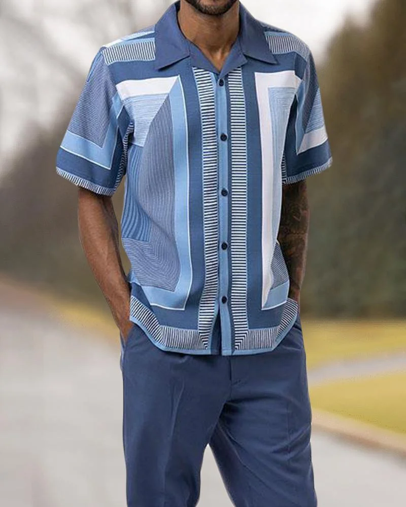 2023 men's short-sleeved shirt+suit trousers two-piece street outdoor leisure printed lapel single-breasted shirt walking suit