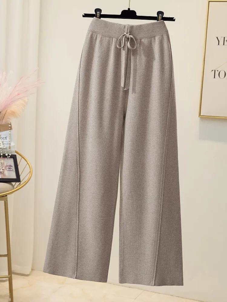 

Fall Winter Warm Soft Knitted Pants For Women Solid High Waist Wide Leg Long Trousers Ladies Elegant Thicken Knitted Pants 2023