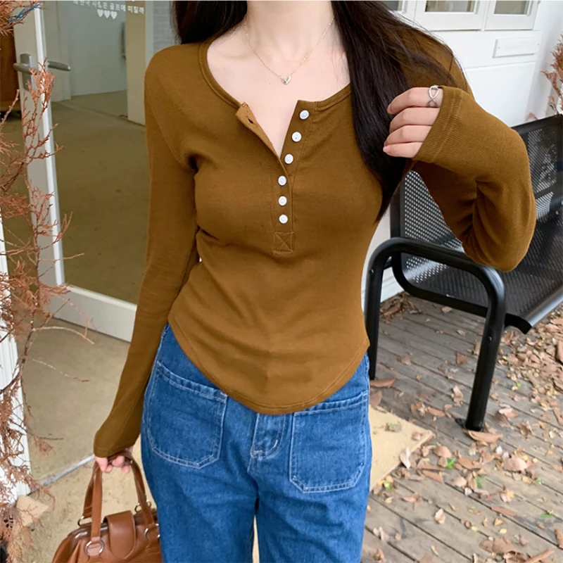 Однотонная Повседневная футболка на пуговицах с круглым вырезом и длинным
