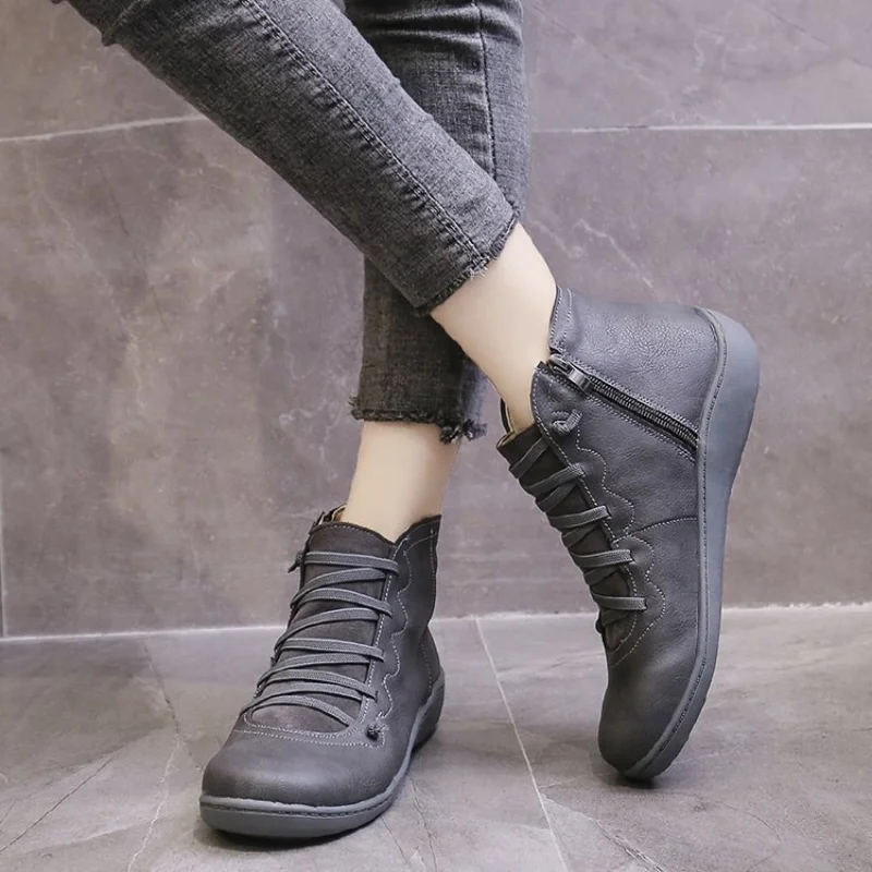

Women's PU Leather Ankle Boots Women Autumn Winter Cross Strappy Vintage Women Punk Boots Flat Ladies Shoes Woman Botas Mujer568