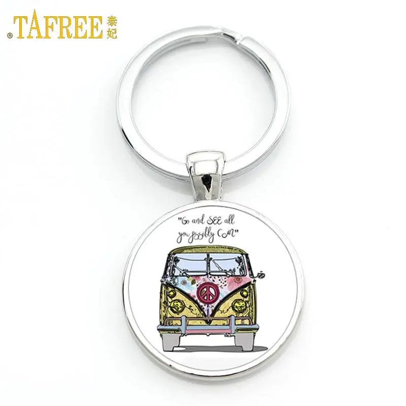 

TAFREE exquisite handmade glass gem Hippie Peace Sign Van Bus mens keychain high quality pendant car ke ychain ring holder CT106