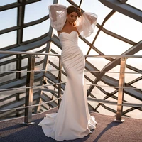 detachable long sleeve mermaid wedding gown modern sweetheart pleated bridal wedding dress open back simple bride dresses 2022