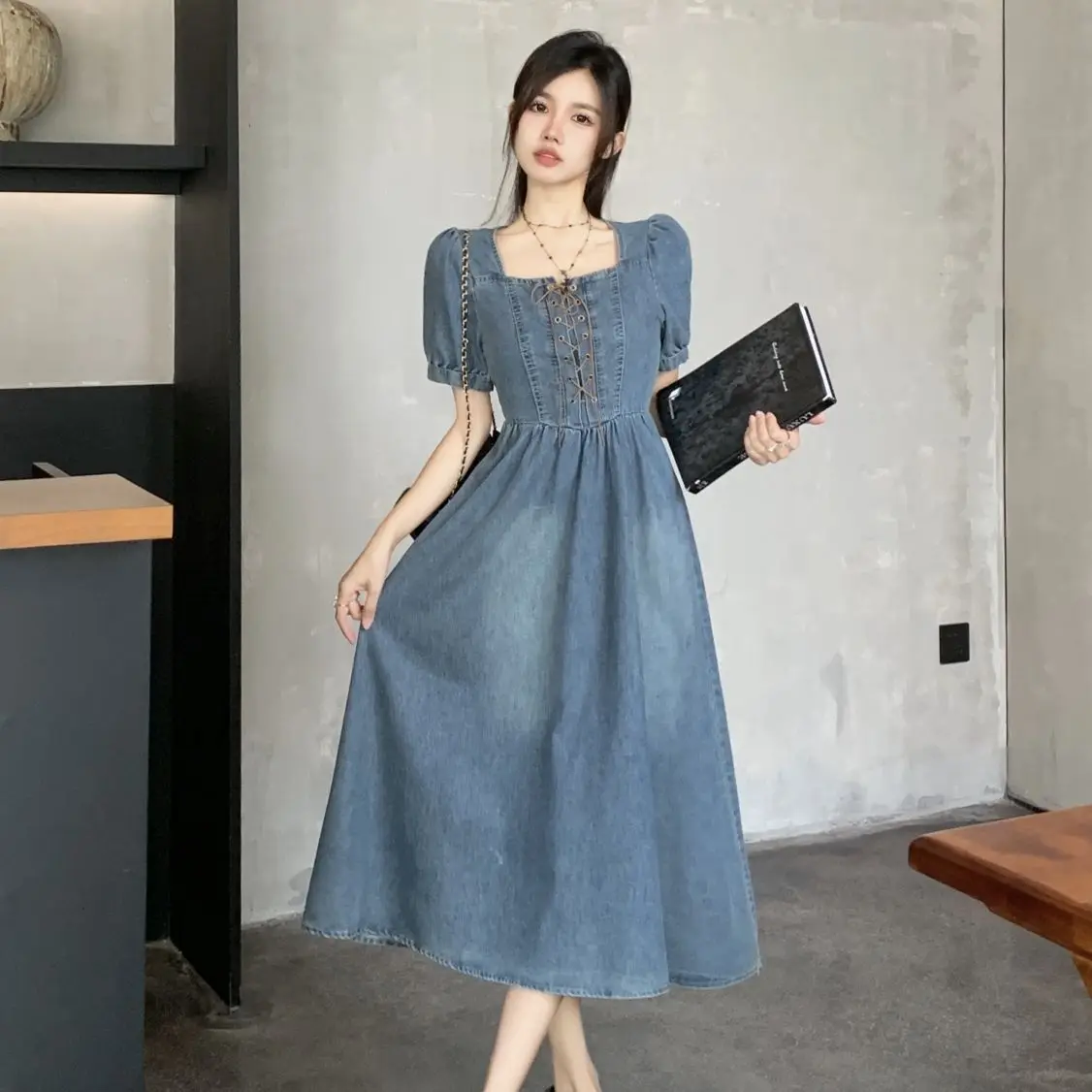 

Женские платья с коротким рукавом, Летняя распродажа, винтажные синие джинсовые длинные платья с квадратным вырезом для женщин, повседневные платья для пляжа