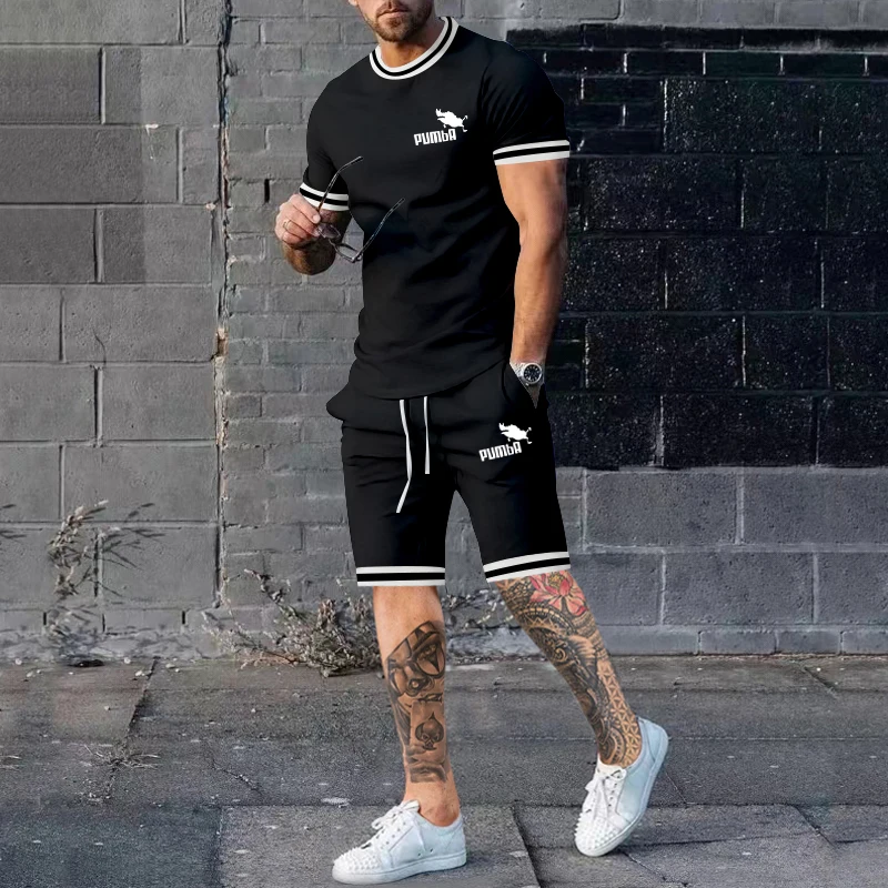 Men's Summer Solid Color Round Neck High-quality Short-sleeved Shorts Casual Suit Fashion Sports T-shirt Casual Trend Suit